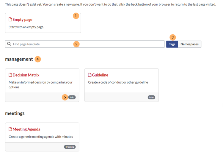 Screenshot of the page templates selection screen