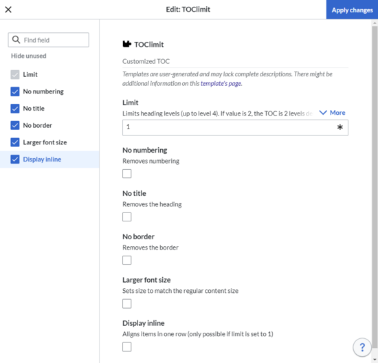 Template settings dialog