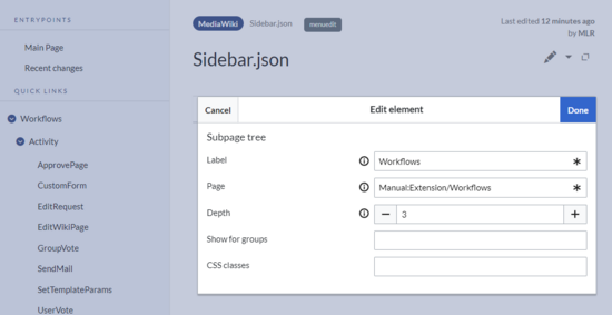 Screenshot of the edit window for a subpage tree item.