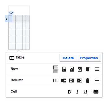 an empty table with 6 columns and 5 rows with an open inspector menu