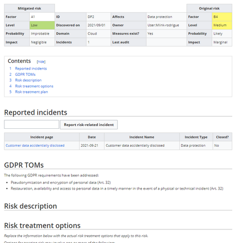 Risk entry screenshot
