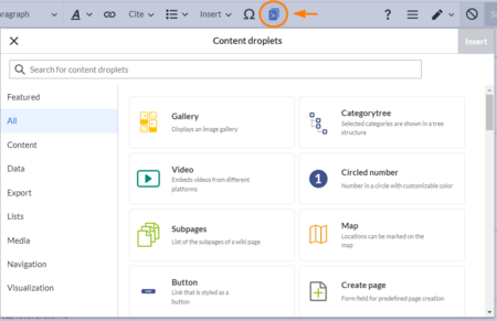 screenshot of the Content droplets menu