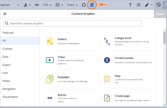 Content droplets menu