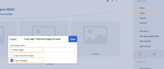 BlueSpice "copy" dialog with a new page name and the subpages checkbox selected